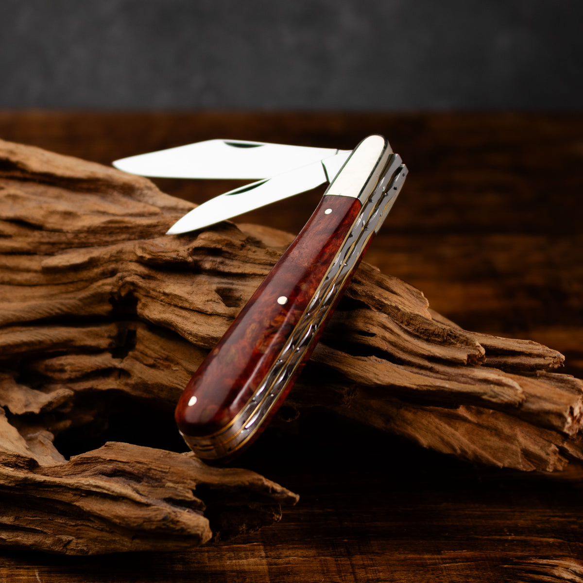 Premier Collection Twin Gentleman's Clip Point - 67mm Clip & Pen Blades - Amboyna Burr Handle with Traditional Workback