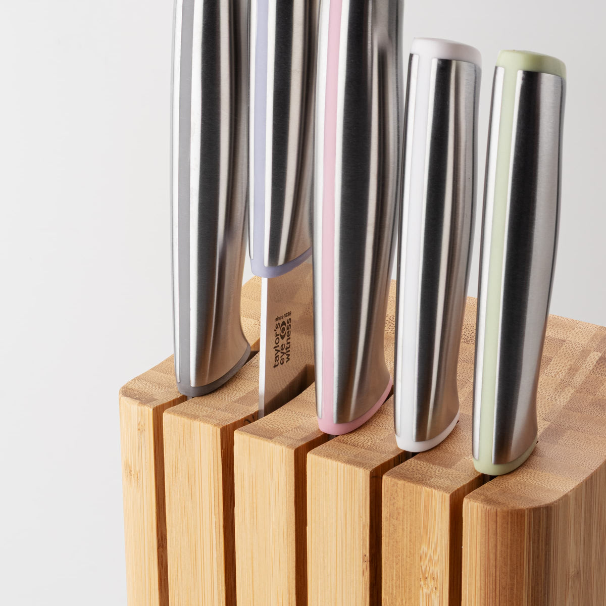 Taylors Eye Witness Chromachef Five Piece Knife Set with Bamboo Block, Muted Palette